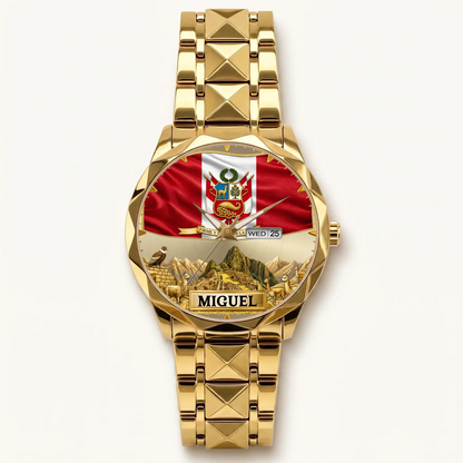 Personalized Peruvian heritage watch - gold-tone faceted bracelet and day-date display