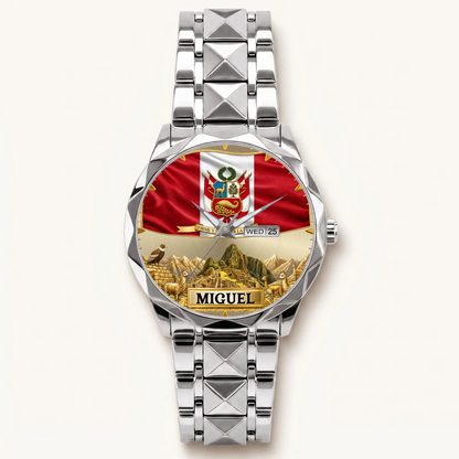 Personalized Peruvian heritage watch - silver-tone faceted bracelet and day-date display