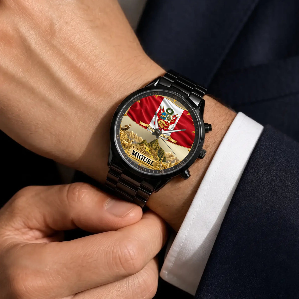 Personalized Peruvian heritage watch - black metal bracelet worn with a suit