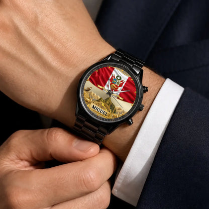 Personalized Peruvian heritage watch - black metal bracelet worn with a suit