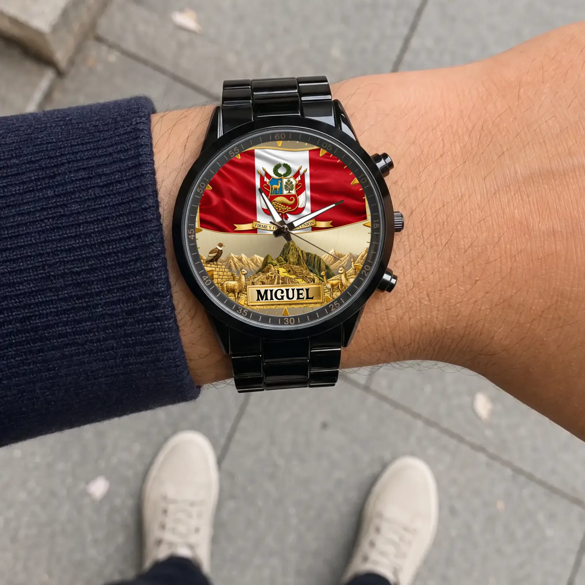 Personalized Peruvian heritage watch - black metal bracelet worn outdoors