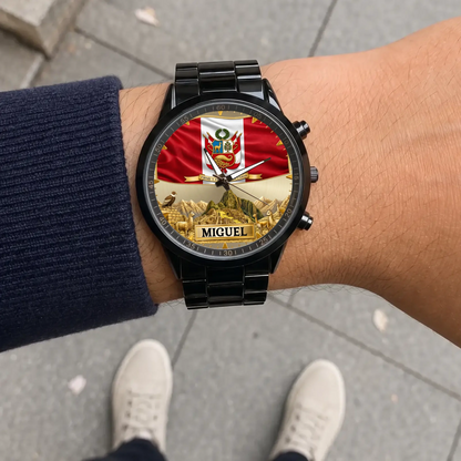 Personalized Peruvian heritage watch - black metal bracelet worn outdoors