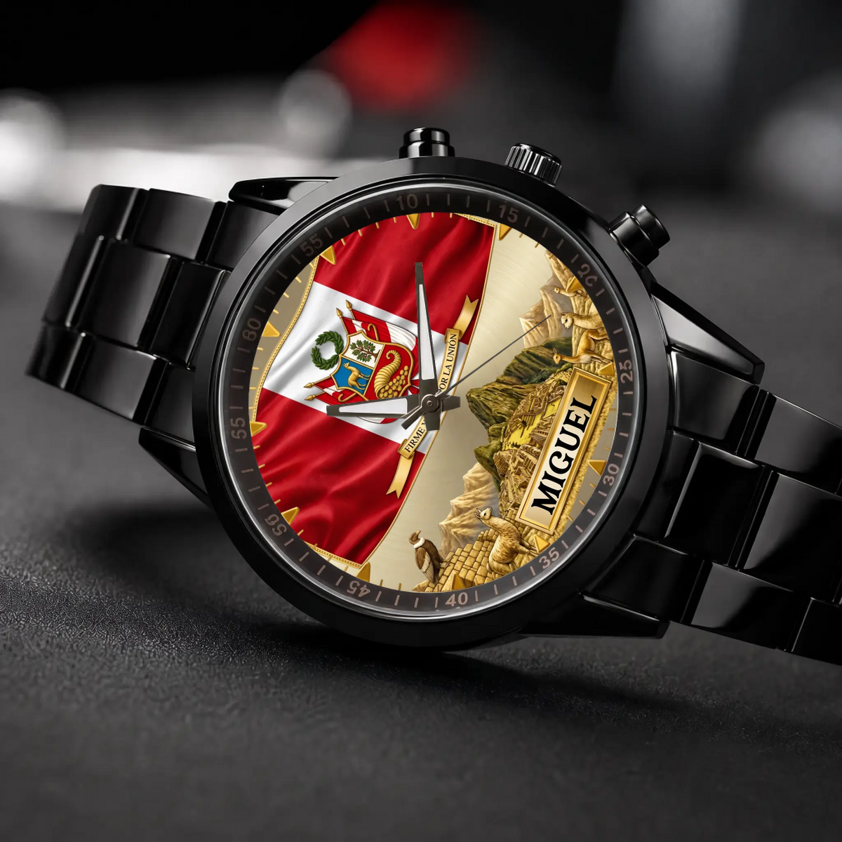 Personalized Peruvian heritage watch - black metal bracelet, angled view on a dark surface
