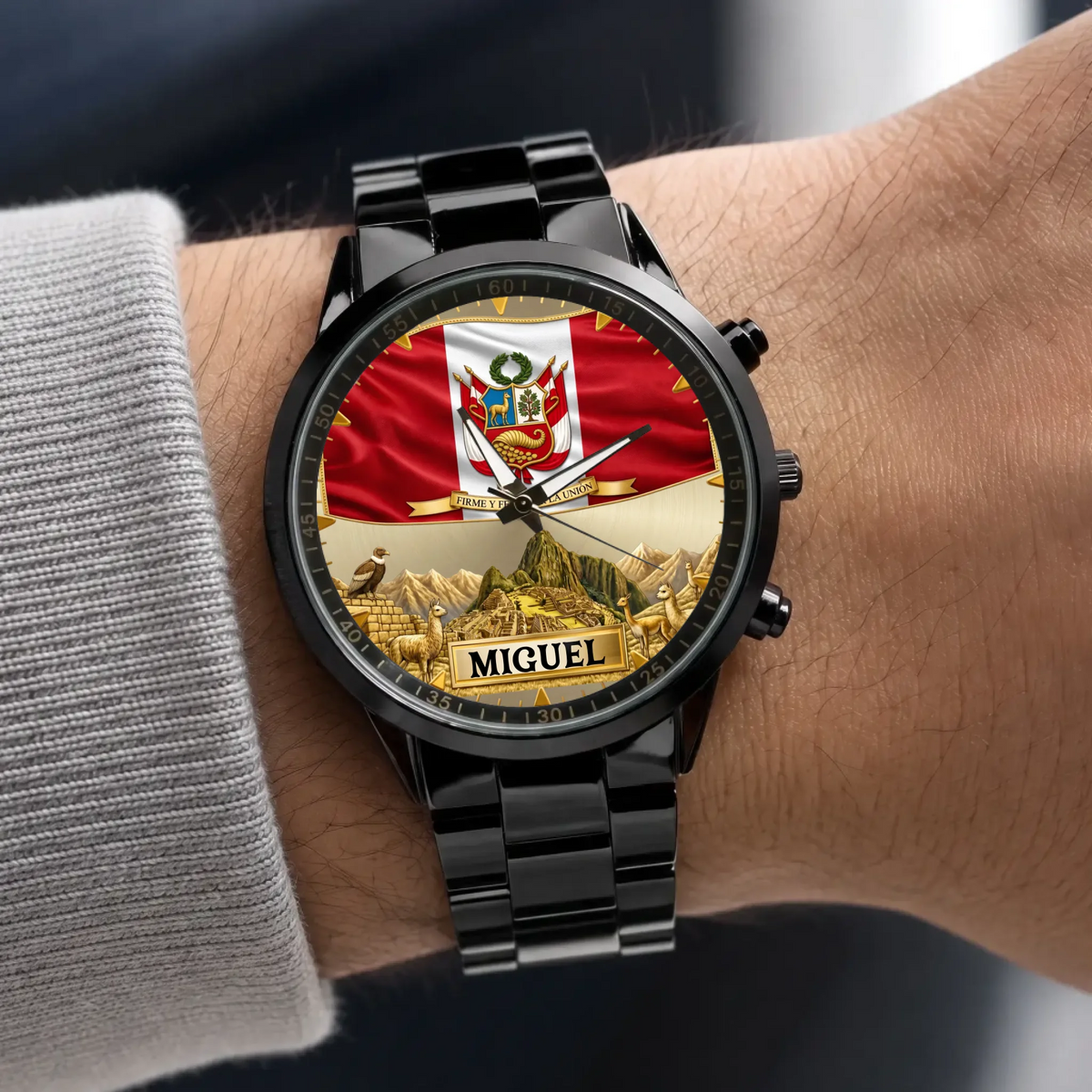 Personalized Peruvian heritage watch - black metal bracelet worn with a gray sweater