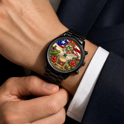 Personalized Puerto Rican pride watch - black metal bracelet worn with a suit