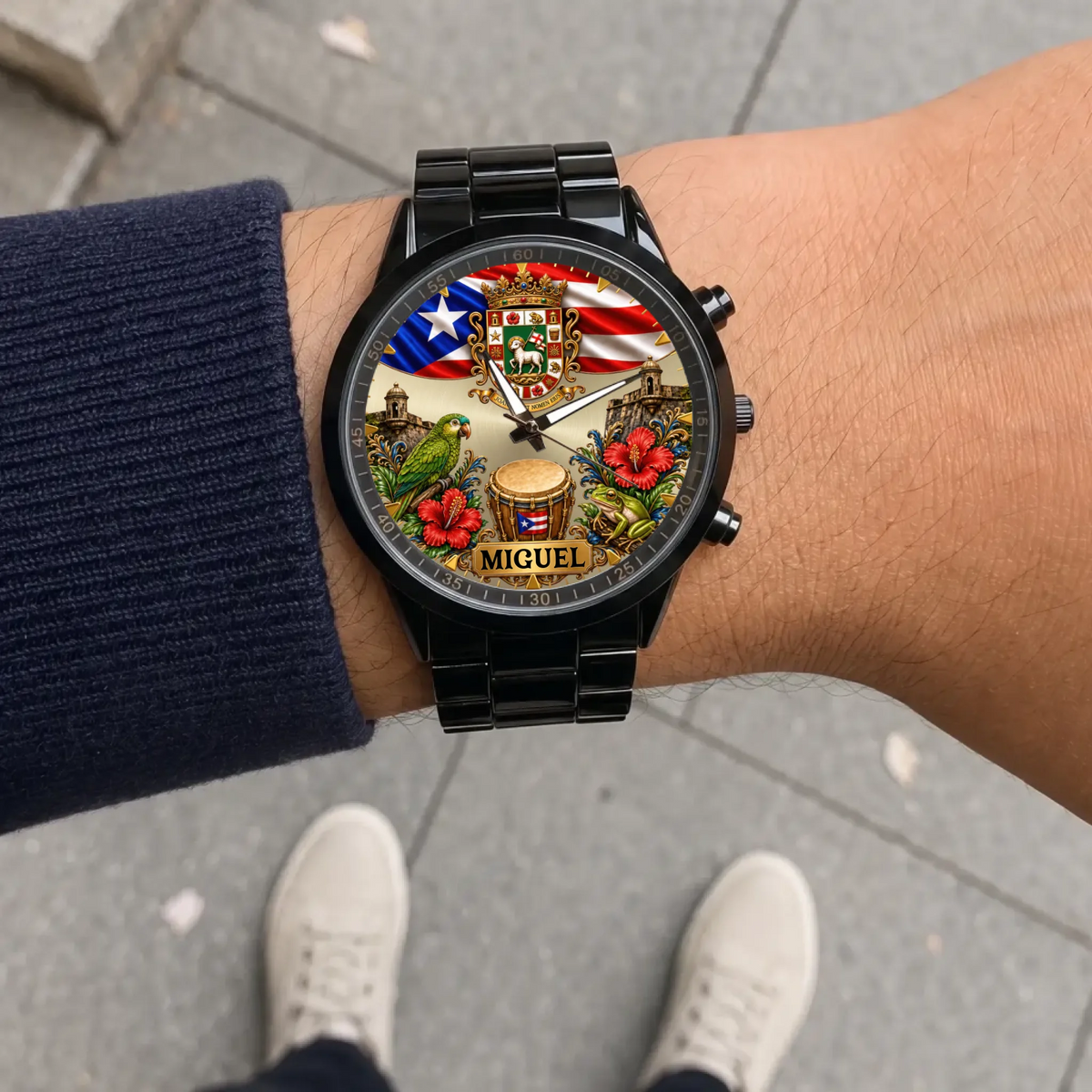 Personalized Puerto Rican pride watch - black metal bracelet worn outdoors