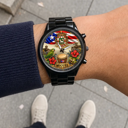 Personalized Puerto Rican pride watch - black metal bracelet worn outdoors
