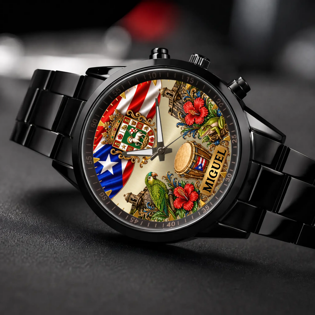 Personalized Puerto Rican pride watch - black metal bracelet, angled view on a dark surface
