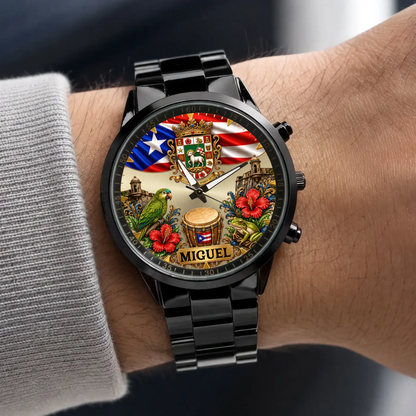 Personalized Puerto Rican pride watch - black metal bracelet worn with a gray sweater