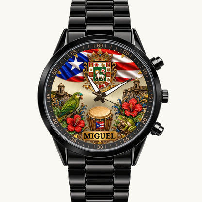 Personalized Puerto Rican pride watch with Puerto Rican flag, coat of arms and custom name, black metal bracelet