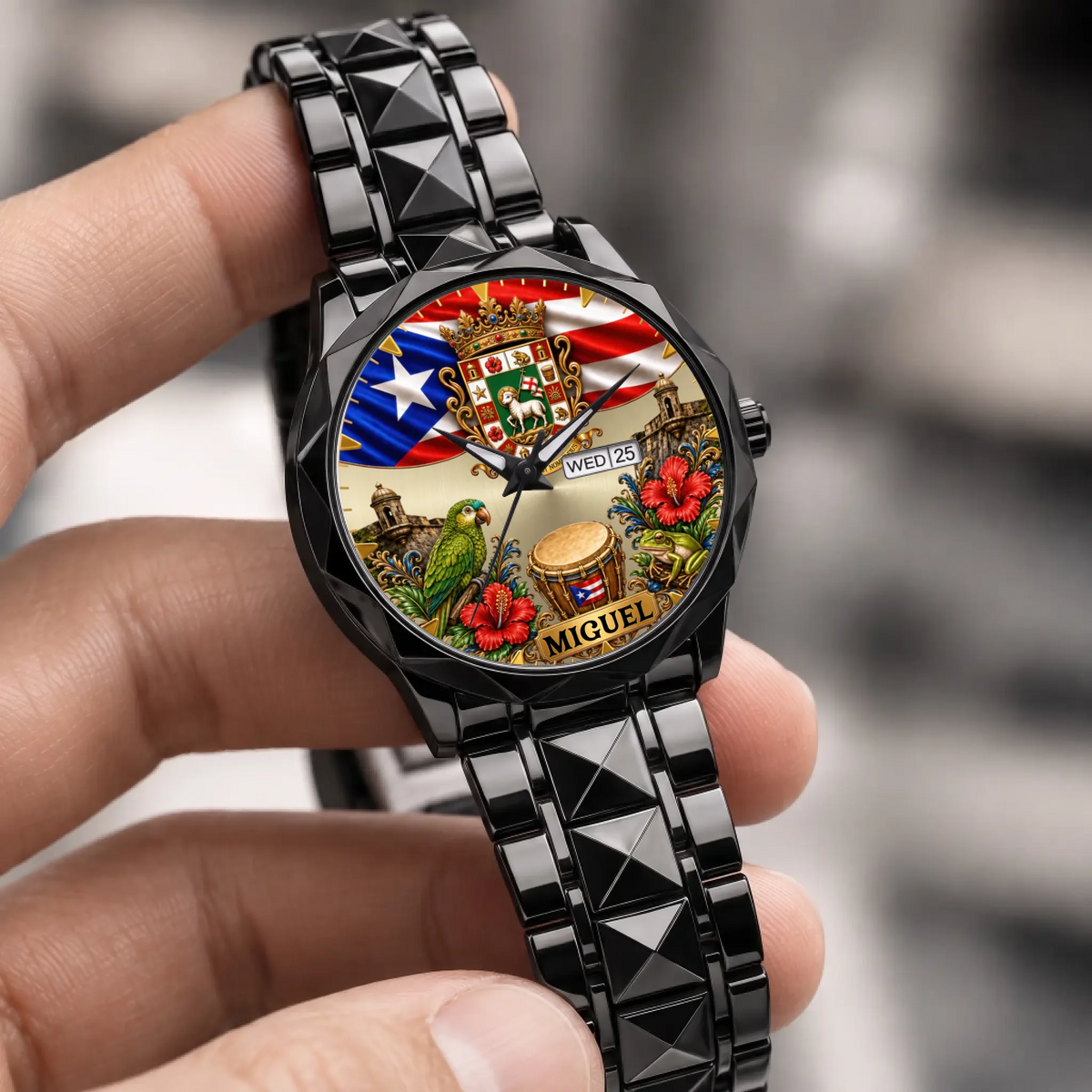 Personalized Puerto Rican pride watch - black faceted bracelet held in a hand