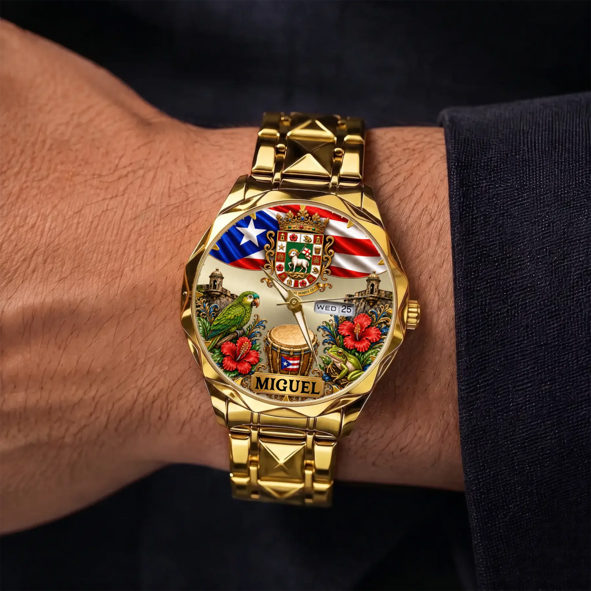 Personalized Puerto Rican pride watch - gold-tone faceted bracelet shown on the wrist