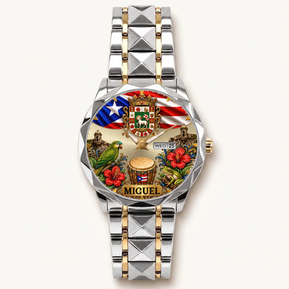 Personalized Puerto Rican pride watch - two-tone bracelet with silver-tone bezel
