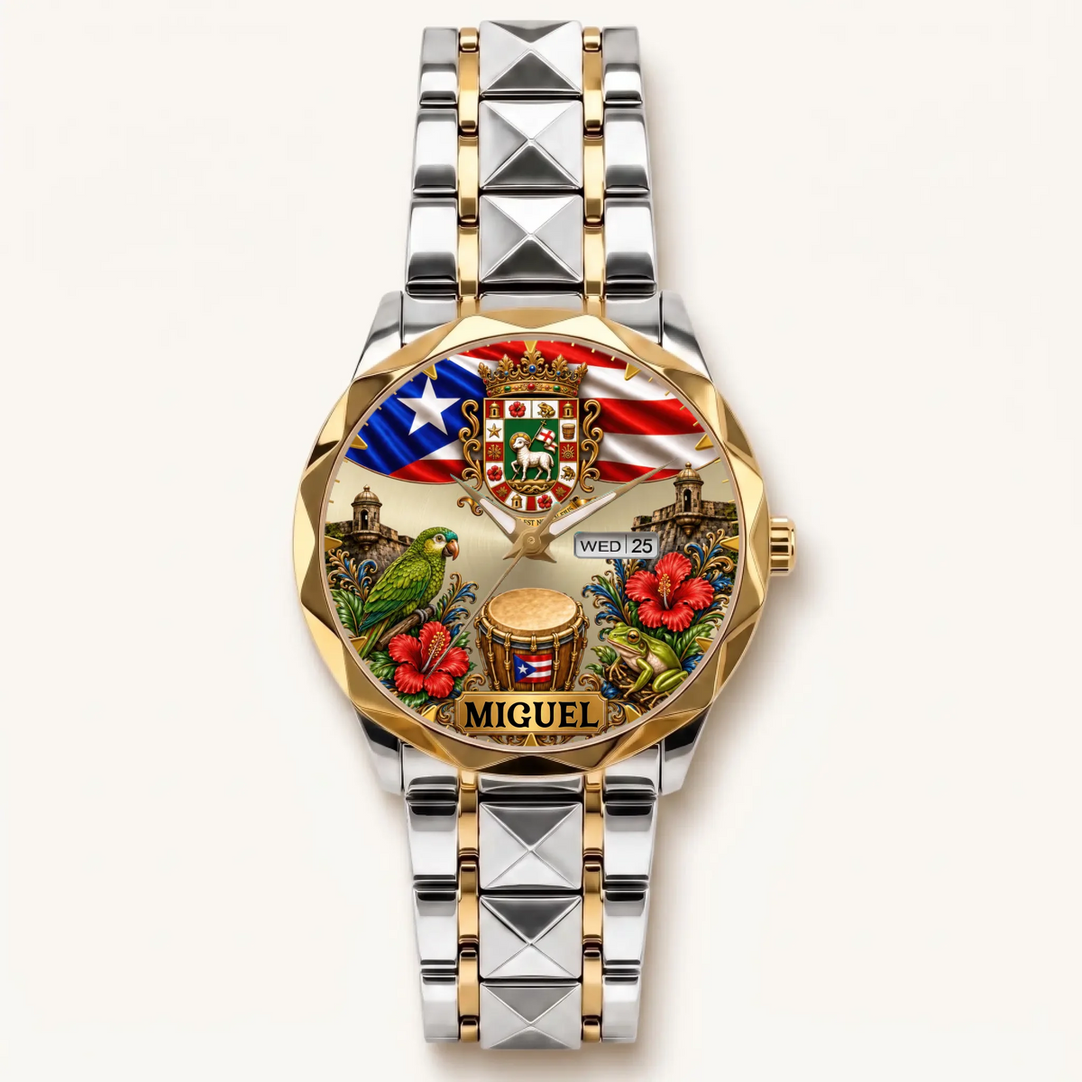 Personalized Puerto Rican pride watch - two-tone bracelet with gold-tone bezel