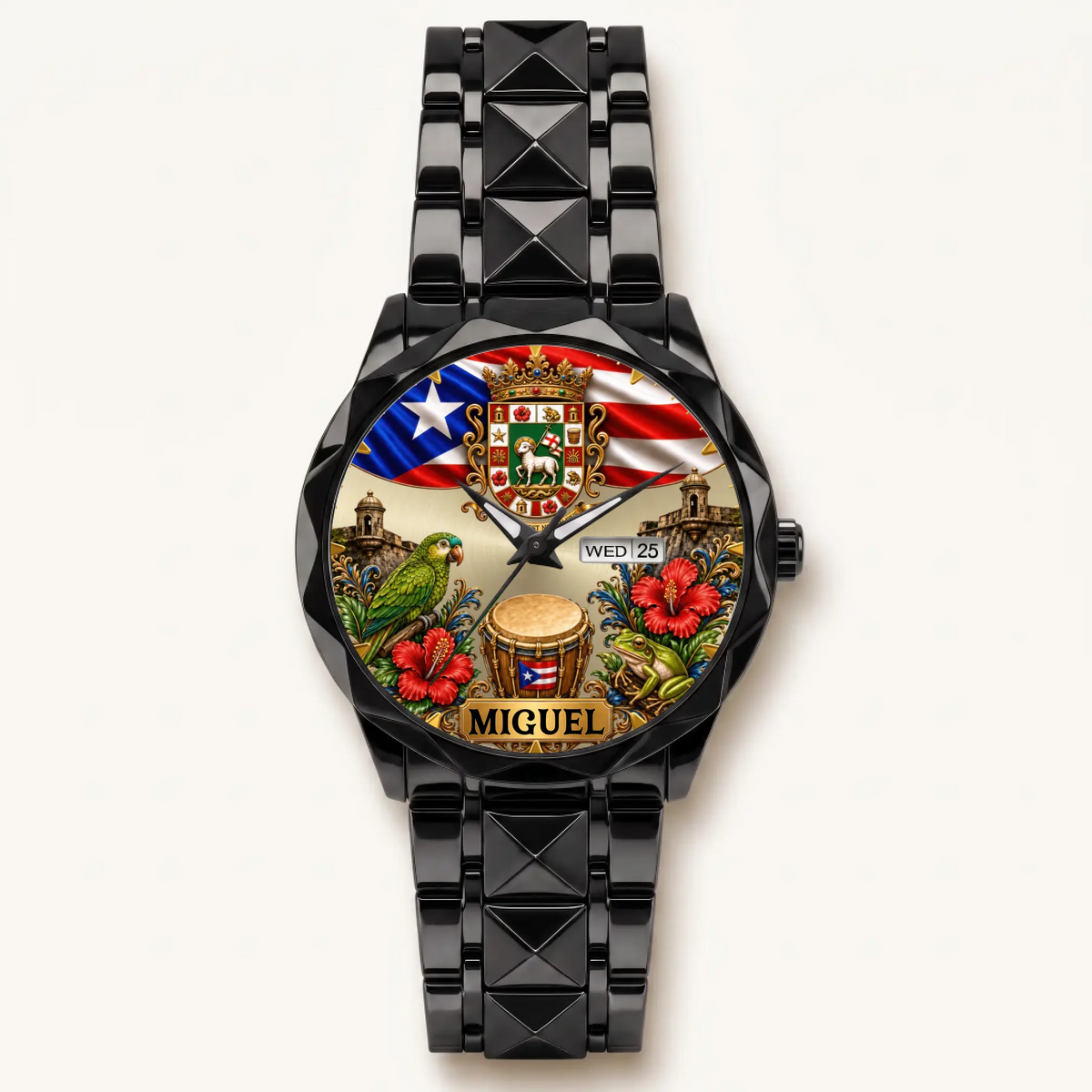 Personalized Puerto Rican pride watch - black faceted bracelet and day-date display