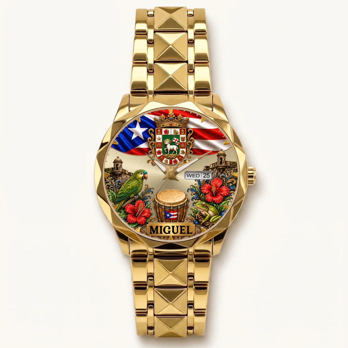 Personalized Puerto Rican pride watch - gold-tone faceted bracelet and day-date display
