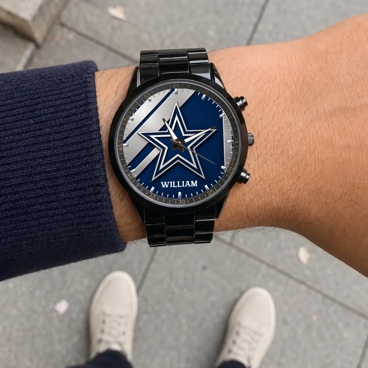 Personalized Dallas football watch - black metal bracelet worn outdoors