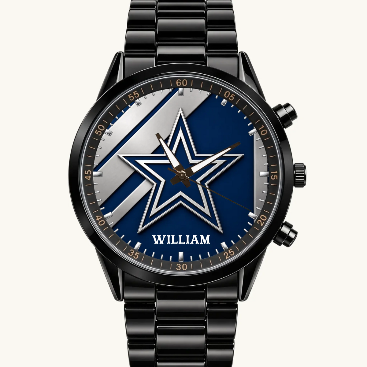 Personalized Dallas football watch with blue-silver star design and custom name, black metal bracelet