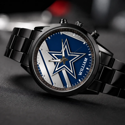 Personalized Dallas football watch - black metal bracelet, angled view on a dark surface