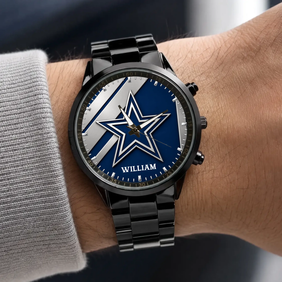 Personalized Dallas football watch - black metal bracelet worn with a gray sweater