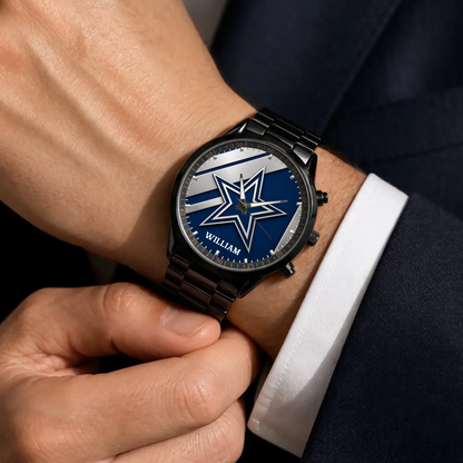 Personalized Dallas football watch - black metal bracelet worn with a suit