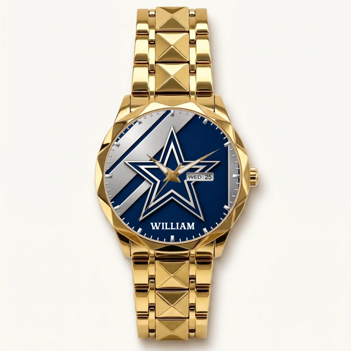 Personalized Dallas football watch - gold-tone faceted bracelet and day-date display