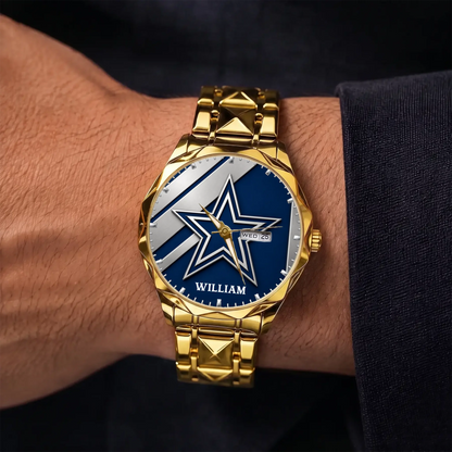 Personalized Dallas football watch - gold-tone faceted bracelet shown on the wrist