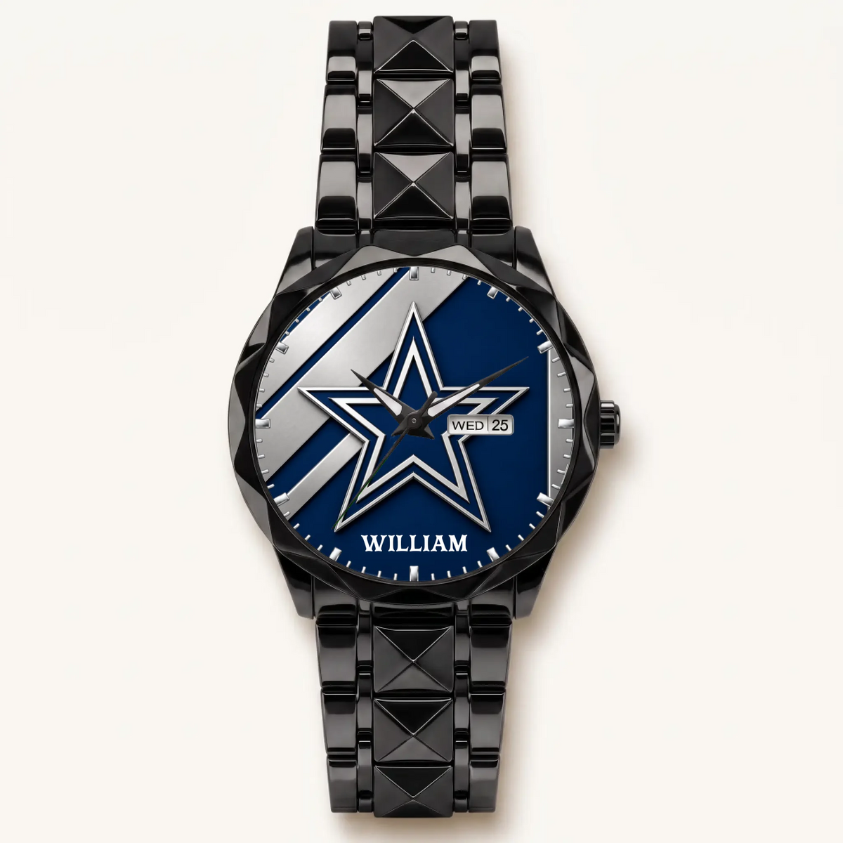 Personalized Dallas football watch - black faceted bracelet and day-date display