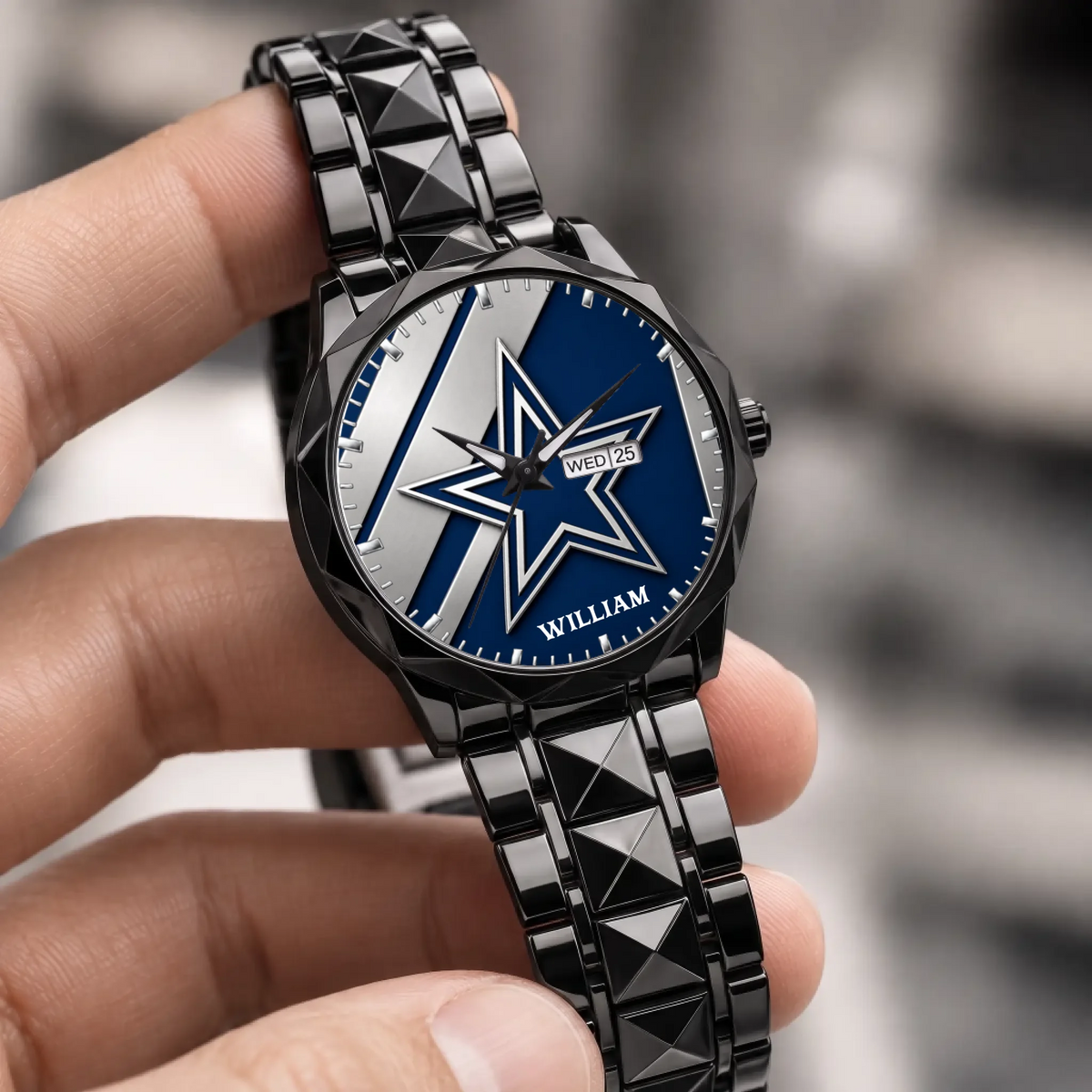Personalized Dallas football watch - black faceted bracelet held in a hand