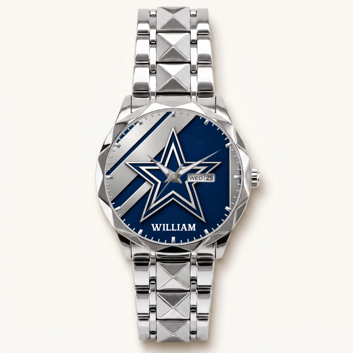Personalized Dallas football watch - silver-tone faceted bracelet and day-date display