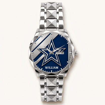 Personalized Dallas football watch - silver-tone faceted bracelet and day-date display