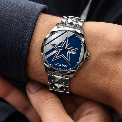 Personalized Dallas football watch - silver-tone faceted bracelet worn with a suit