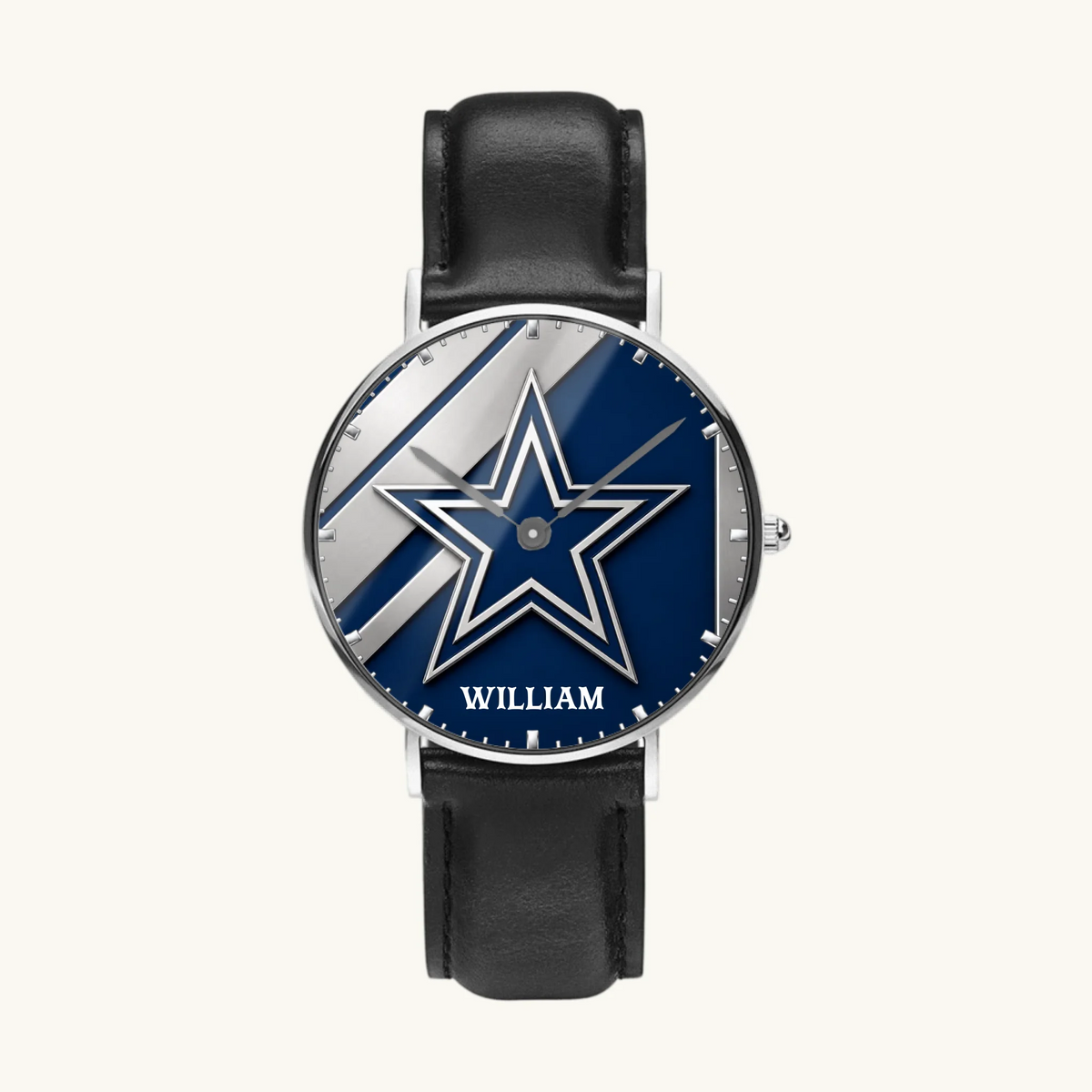 Personalized Dallas football watch - silver-tone case and black leather strap, front view