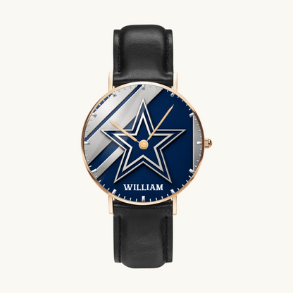 Personalized Dallas football watch - rose-gold-tone case and black leather strap, front view