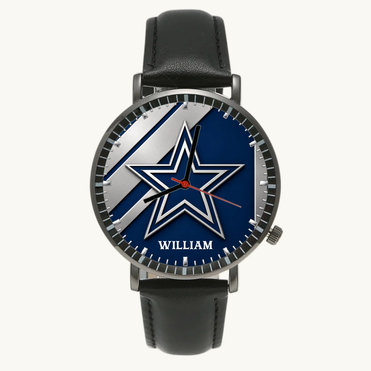 Personalized Dallas football watch - black case and black leather strap, front view