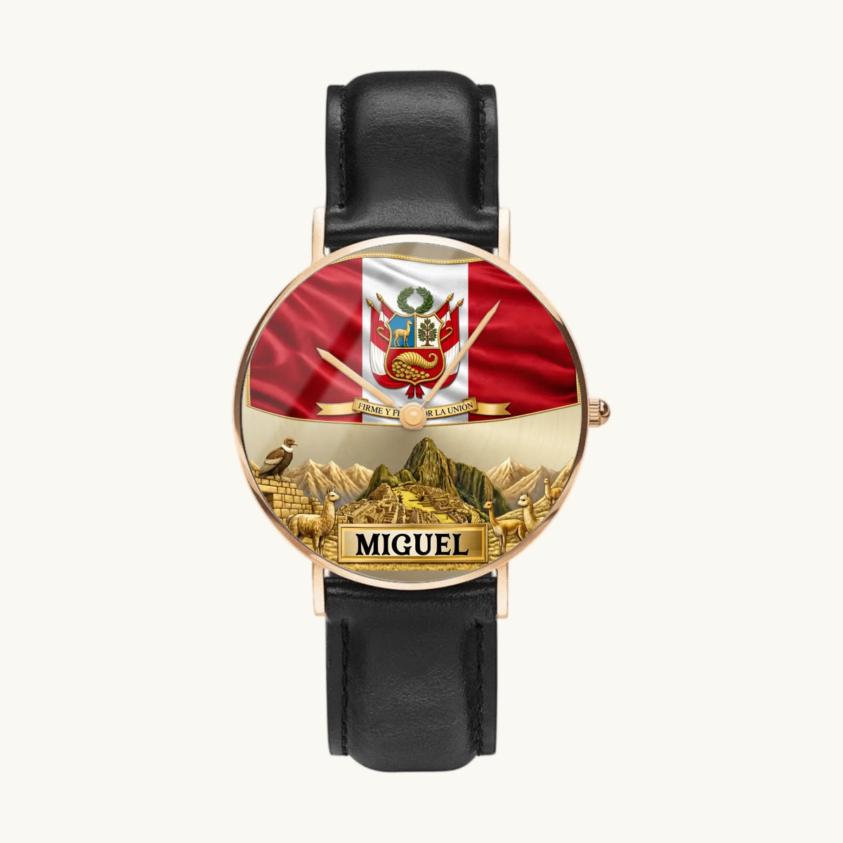 Personalized Peruvian heritage watch - rose-gold-tone case and black leather strap, front view