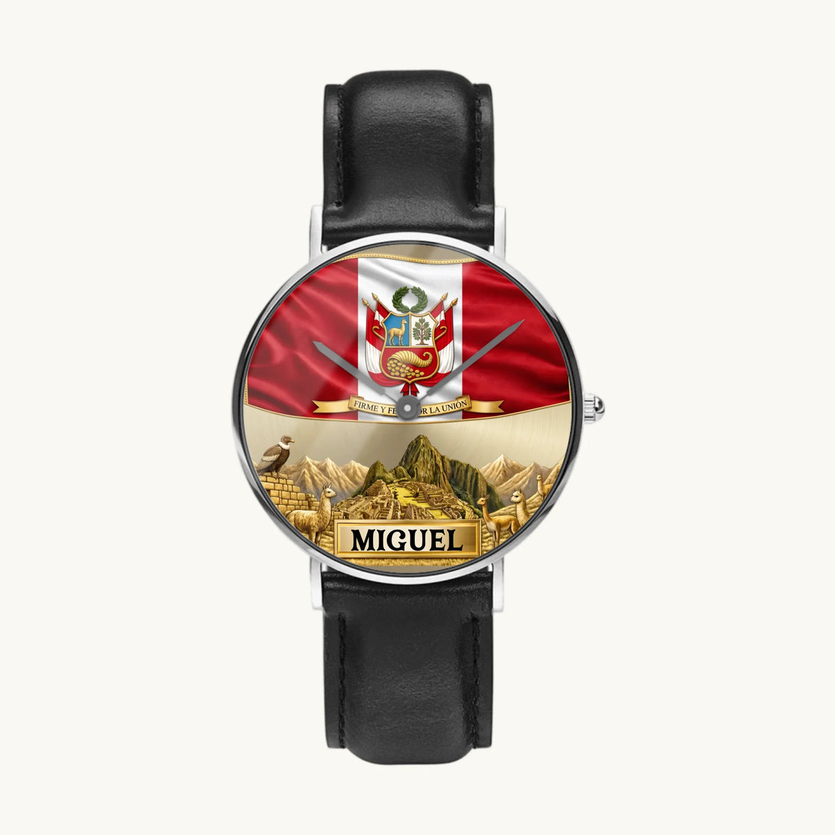Personalized Peruvian heritage watch - silver-tone case and black leather strap, front view