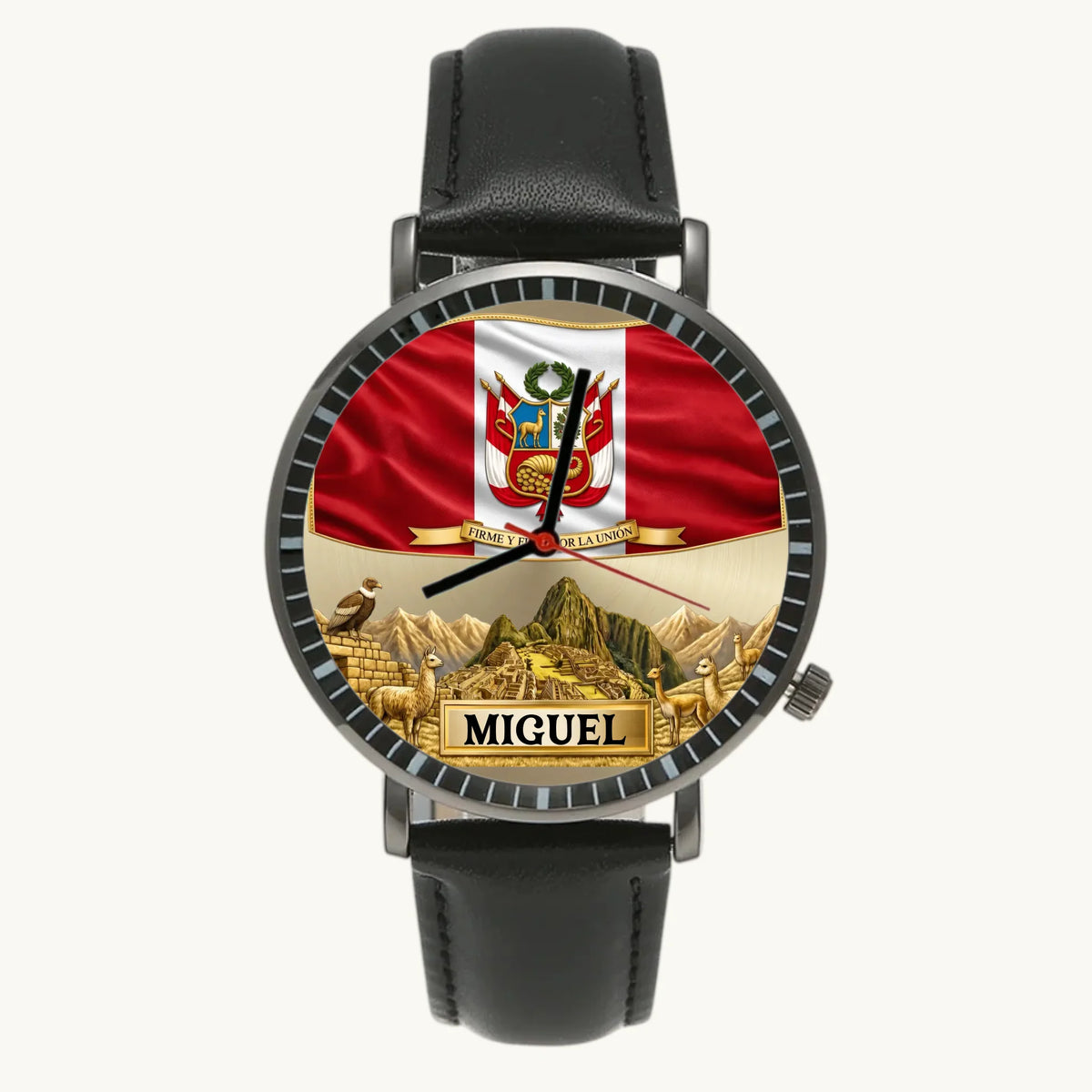 Personalized Peruvian heritage watch - black case and black leather strap, front view
