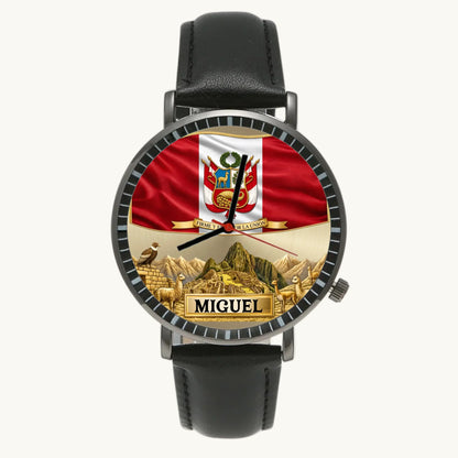 Personalized Peruvian heritage watch - black case and black leather strap, front view