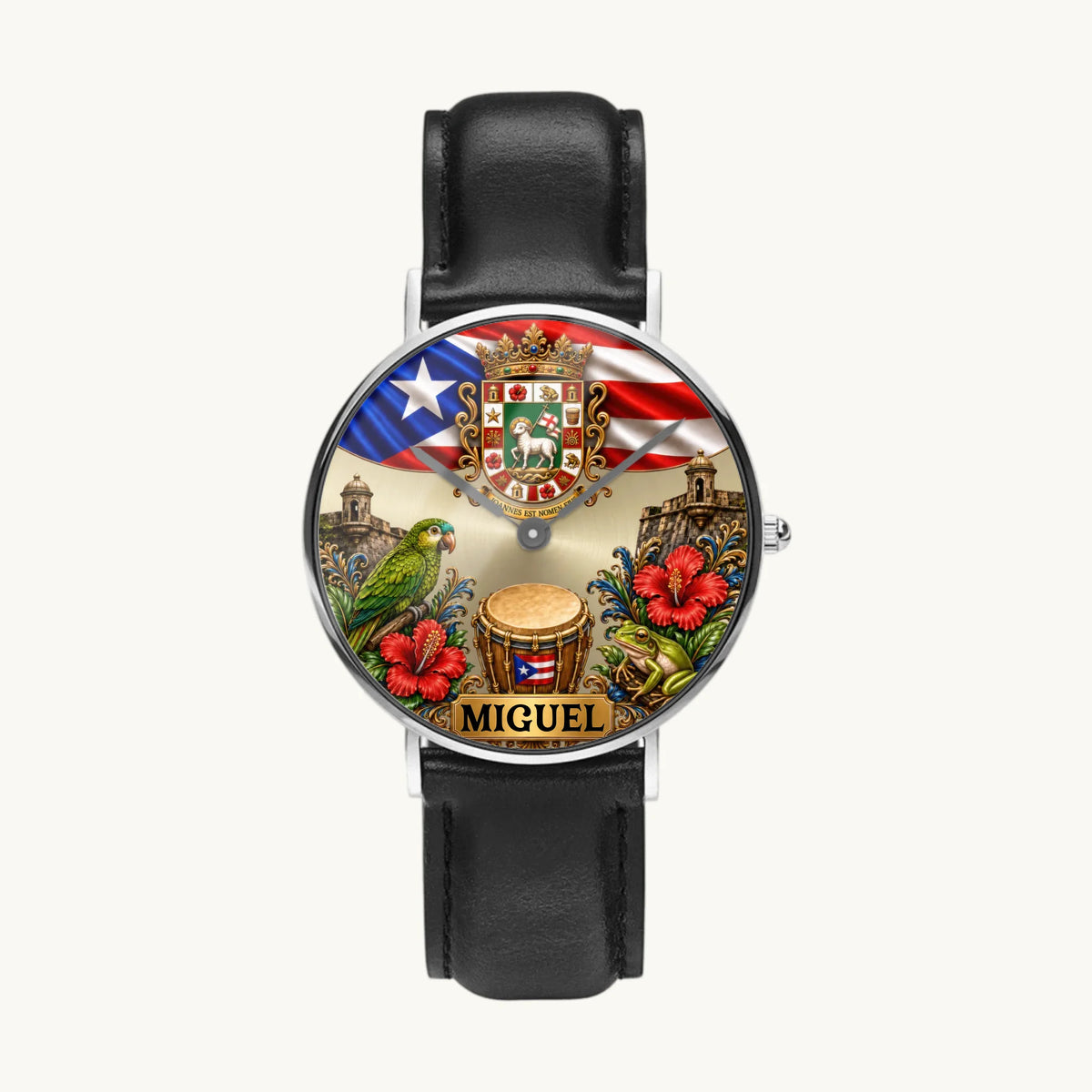Personalized Puerto Rican pride watch - silver-tone case and black leather strap, front view