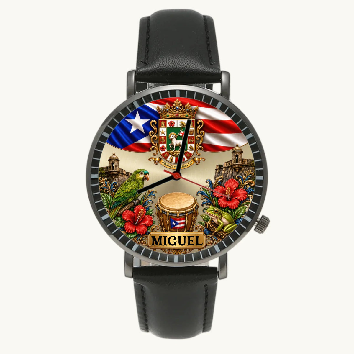 Personalized Puerto Rican pride watch - black case and black leather strap, front view