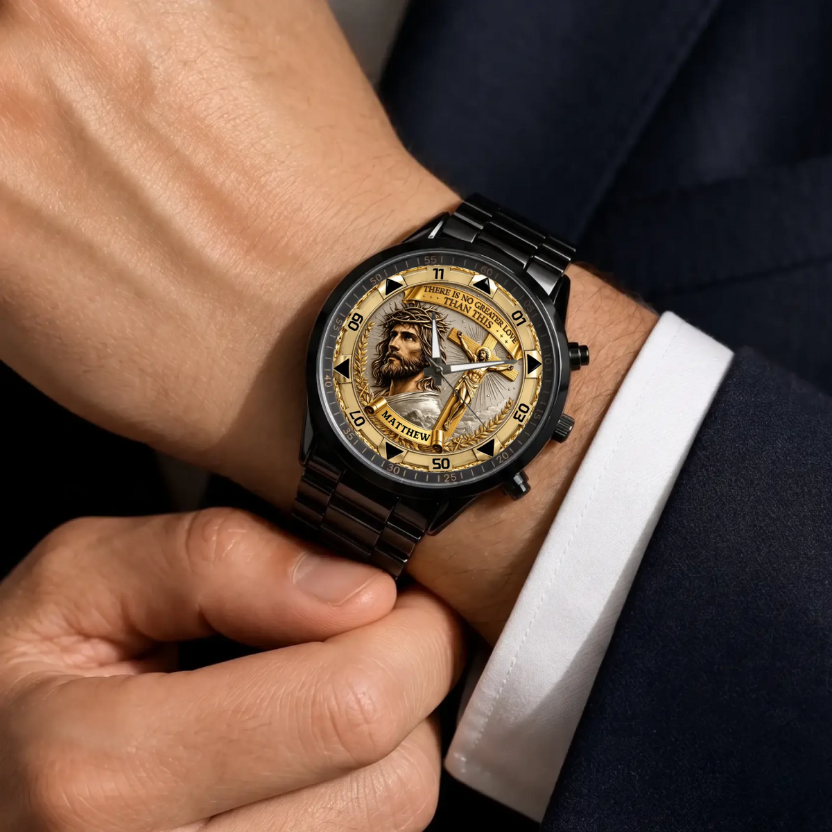 Personalized Christian crucifix watch - black metal bracelet worn with a suit