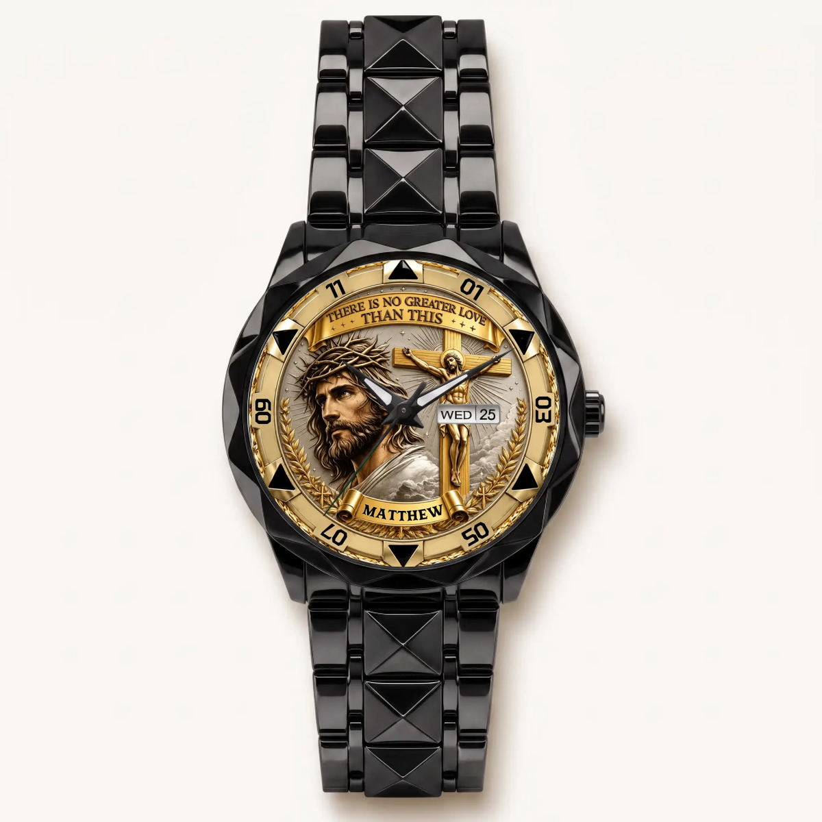 Personalized Christian crucifix watch - black faceted bracelet and day-date display