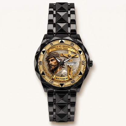 Personalized Christian crucifix watch - black faceted bracelet and day-date display