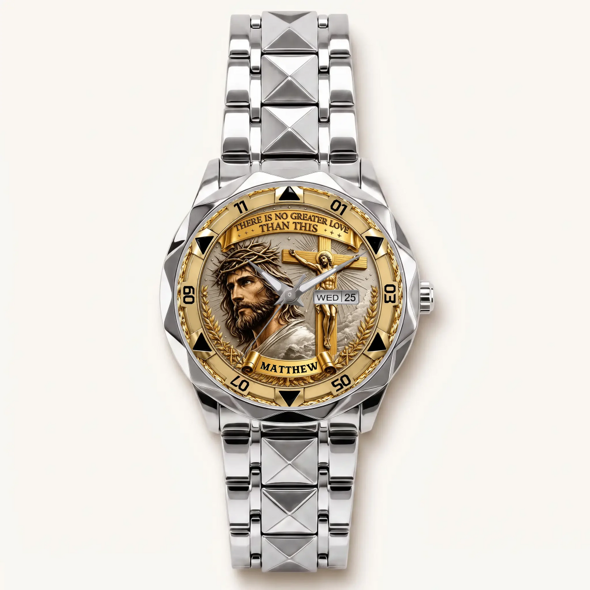 Personalized Christian crucifix watch - silver-tone faceted bracelet and day-date display