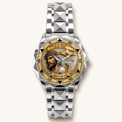 Personalized Christian crucifix watch - silver-tone faceted bracelet and day-date display