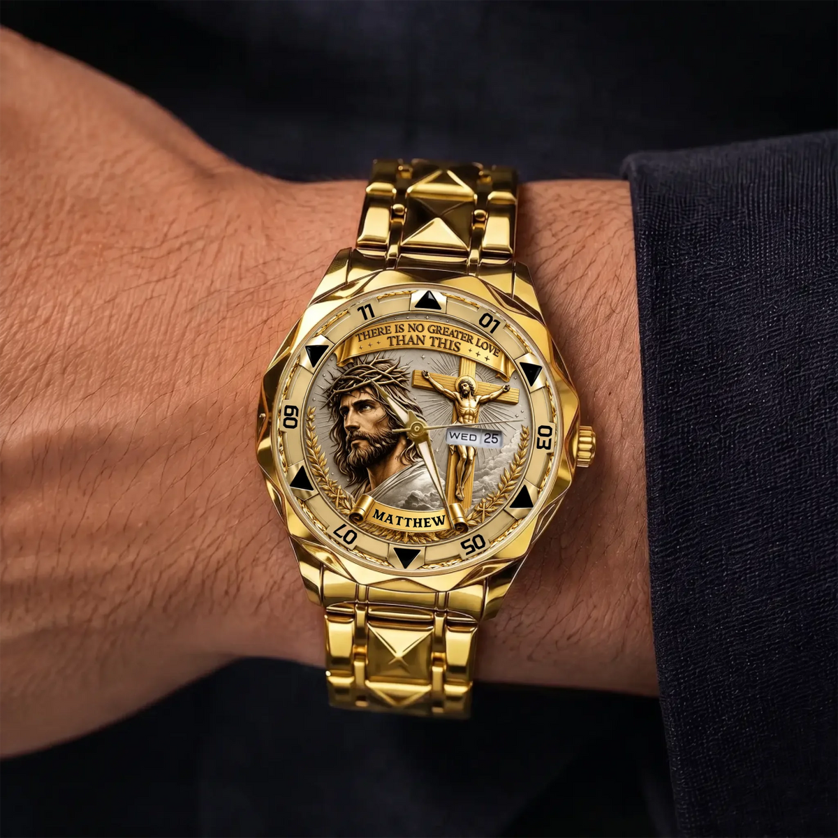 Personalized Christian crucifix watch - gold-tone faceted bracelet shown on the wrist