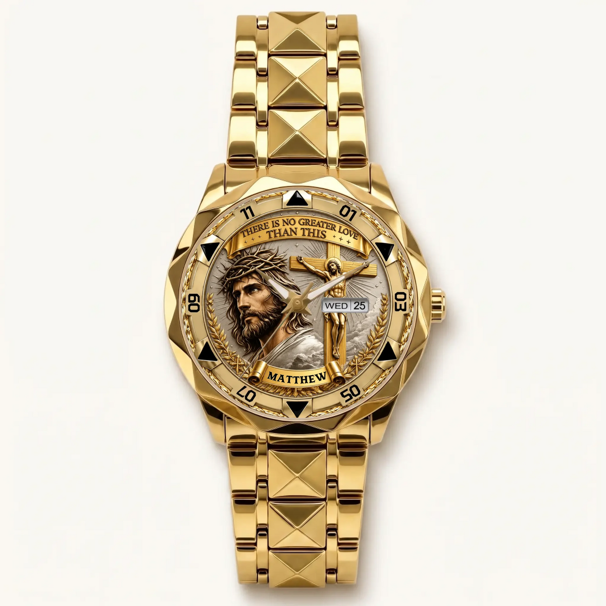 Personalized Christian crucifix watch - gold-tone faceted bracelet and day-date display