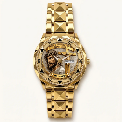 Personalized Christian crucifix watch - gold-tone faceted bracelet and day-date display