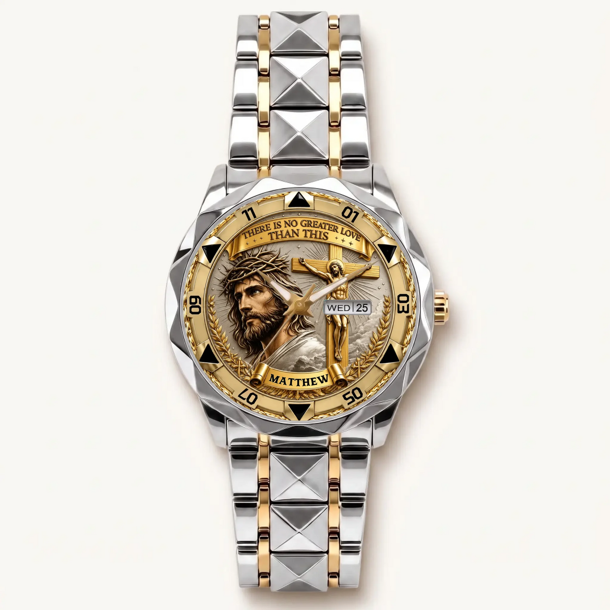 Personalized Christian crucifix watch - two-tone bracelet with silver-tone bezel